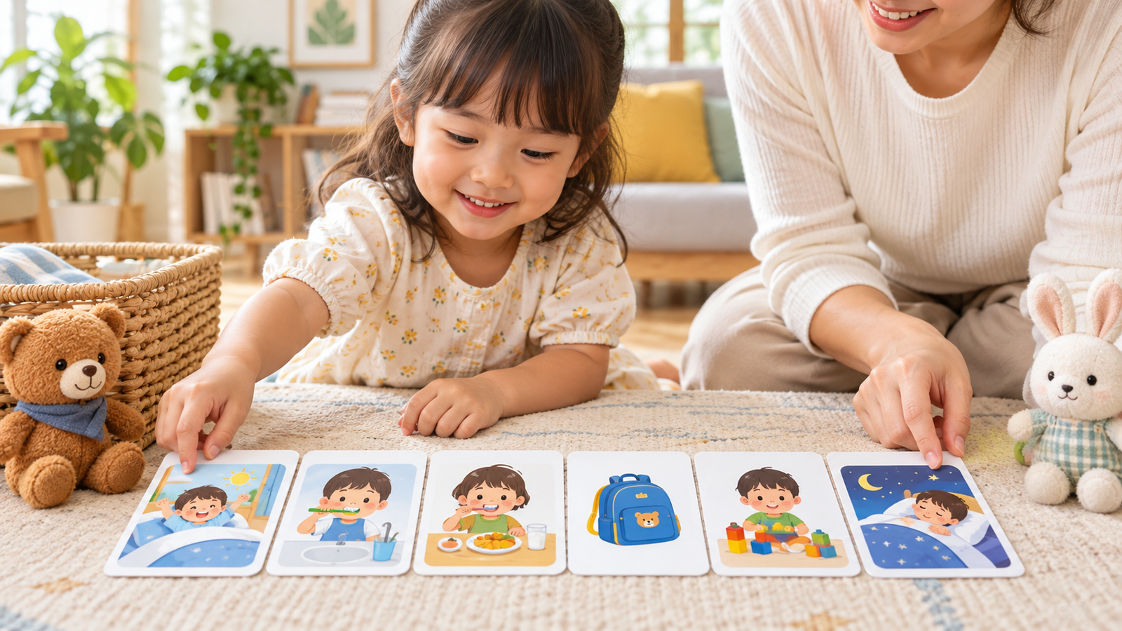 Mẹ và bé 3-5 tuổi xếp thẻ routine buổi sáng theo thứ tự dễ nhìn