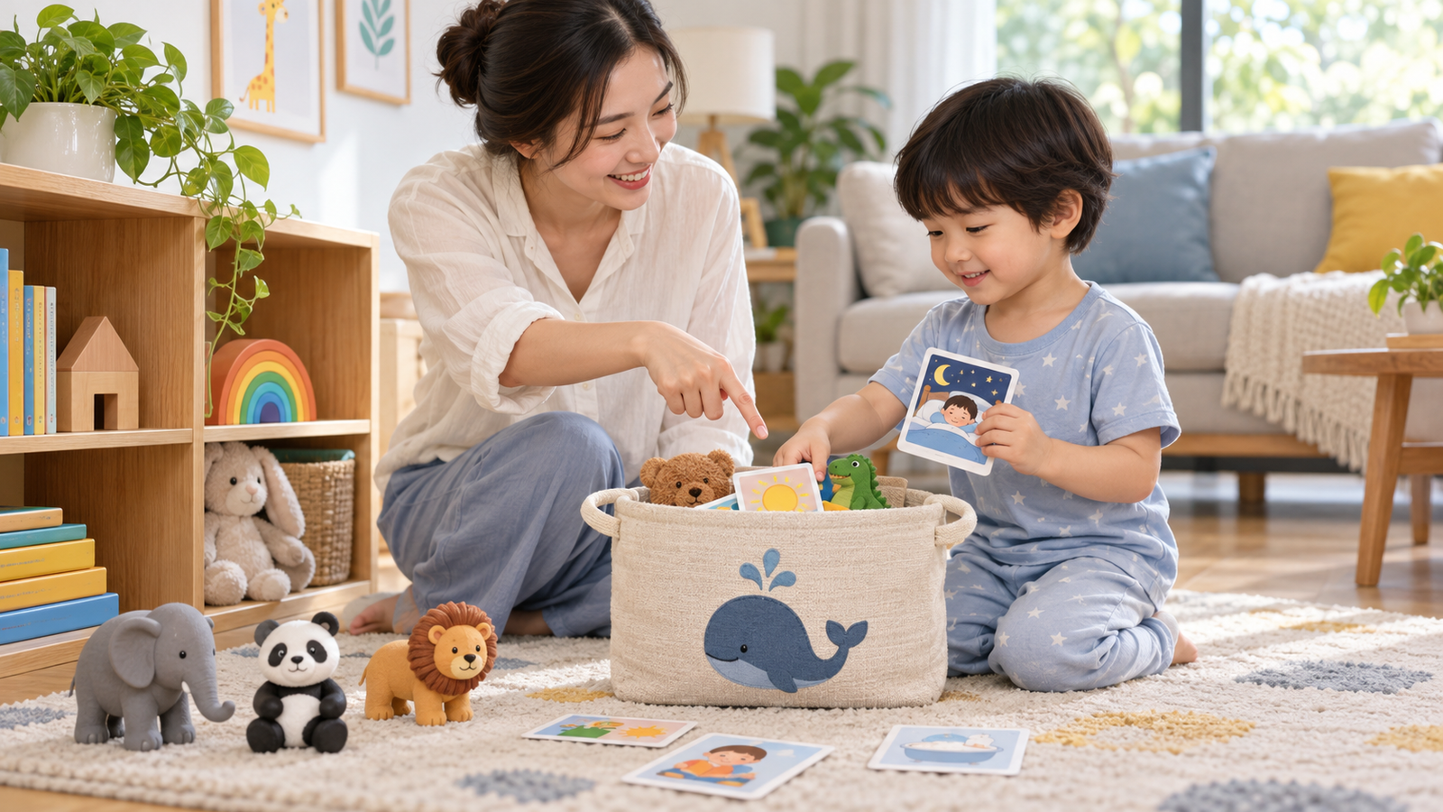 Bé cất thẻ routine và nhân vật đồ chơi vào giỏ sau khi hoàn thành phiên chơi