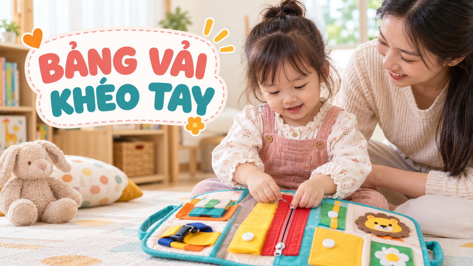 Bảng vải khóa kéo và nút bấm cho bé 2-3 tuổi: chơi chậm để tay khéo hơn