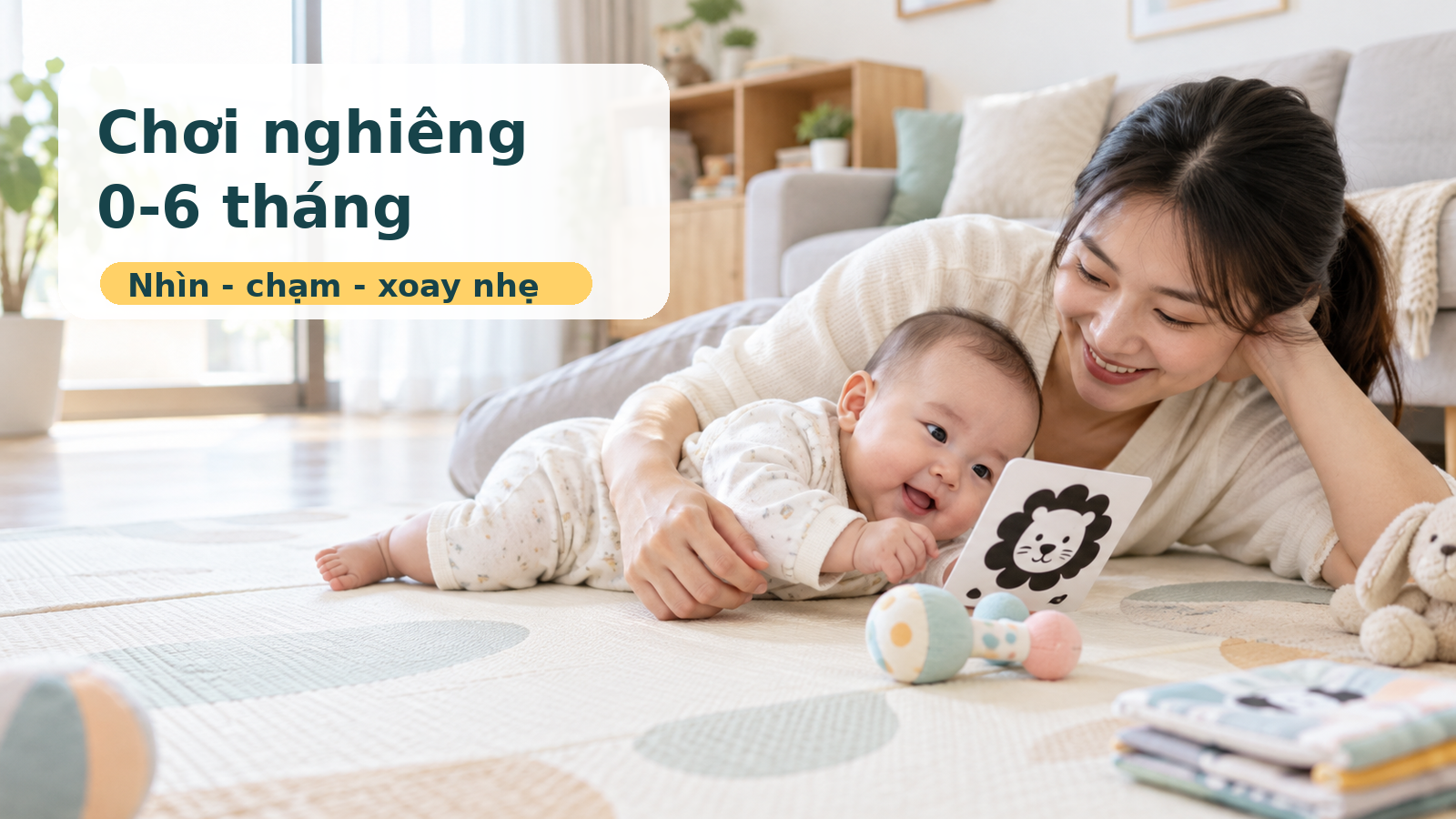 Chơi nghiêng cho bé 0-6 tháng: vài phút mỗi ngày để con nhìn, chạm và xoay người an toàn