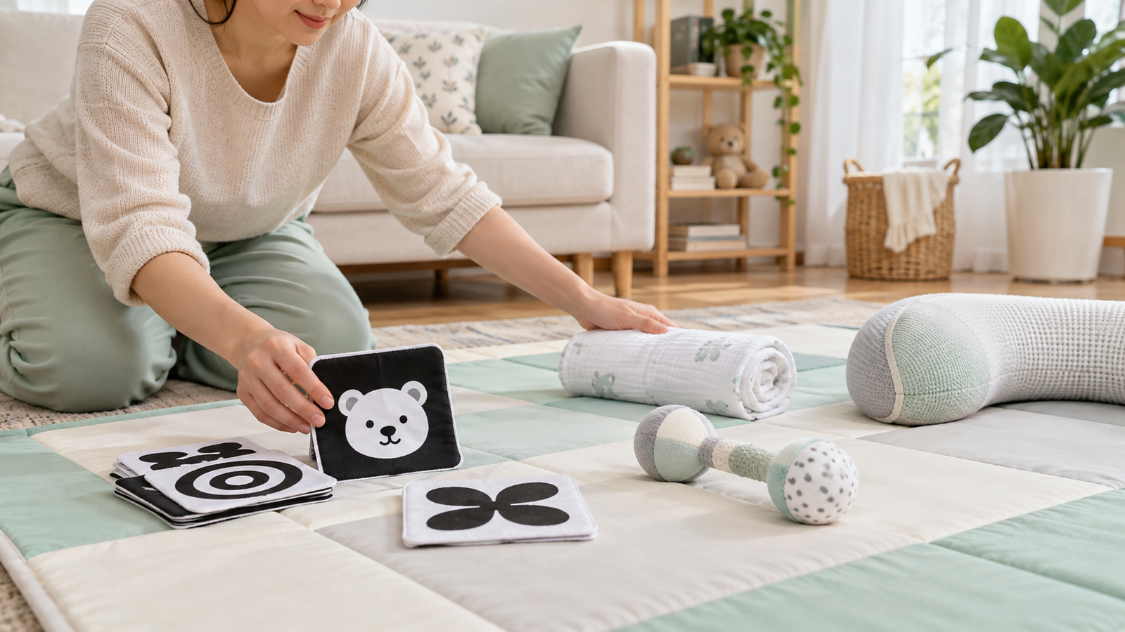 Cha mẹ chuẩn bị thảm sạch, thẻ tương phản và lục lạc mềm cho bé 0-6 tháng chơi nghiêng