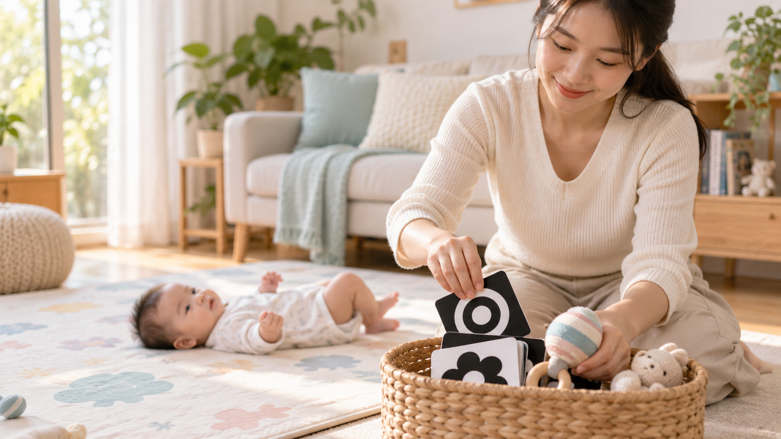Mẹ cất thẻ tương phản và lục lạc mềm vào giỏ sau phiên chơi nghiêng của bé sơ sinh