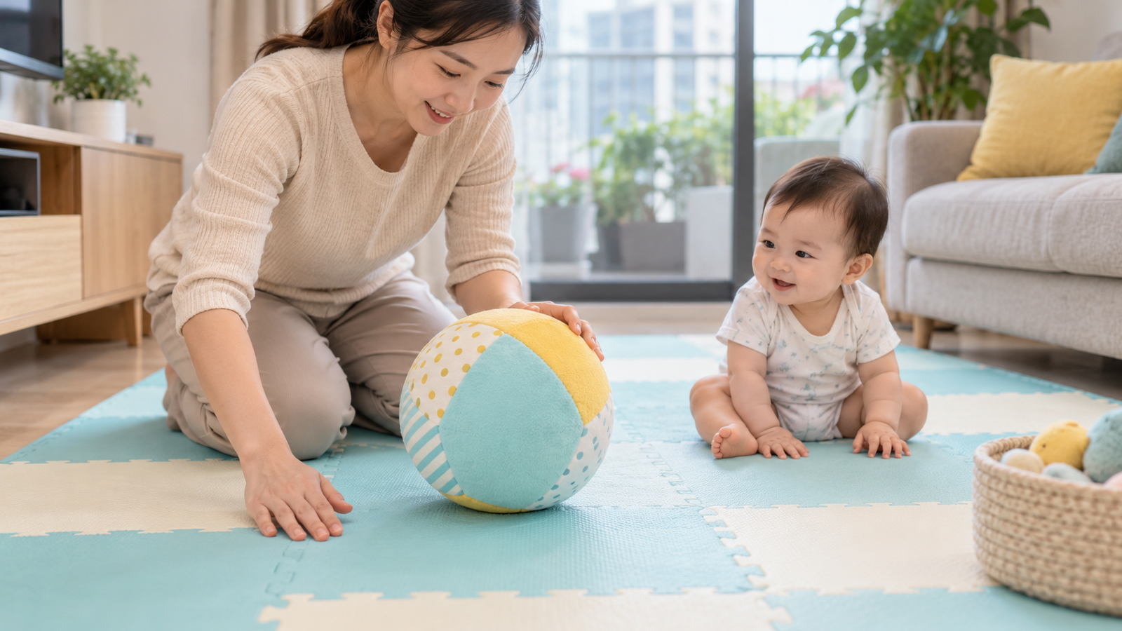 Cha mẹ chuẩn bị thảm sạch và bóng mềm lớn cho bé 6-12 tháng bò theo an toàn