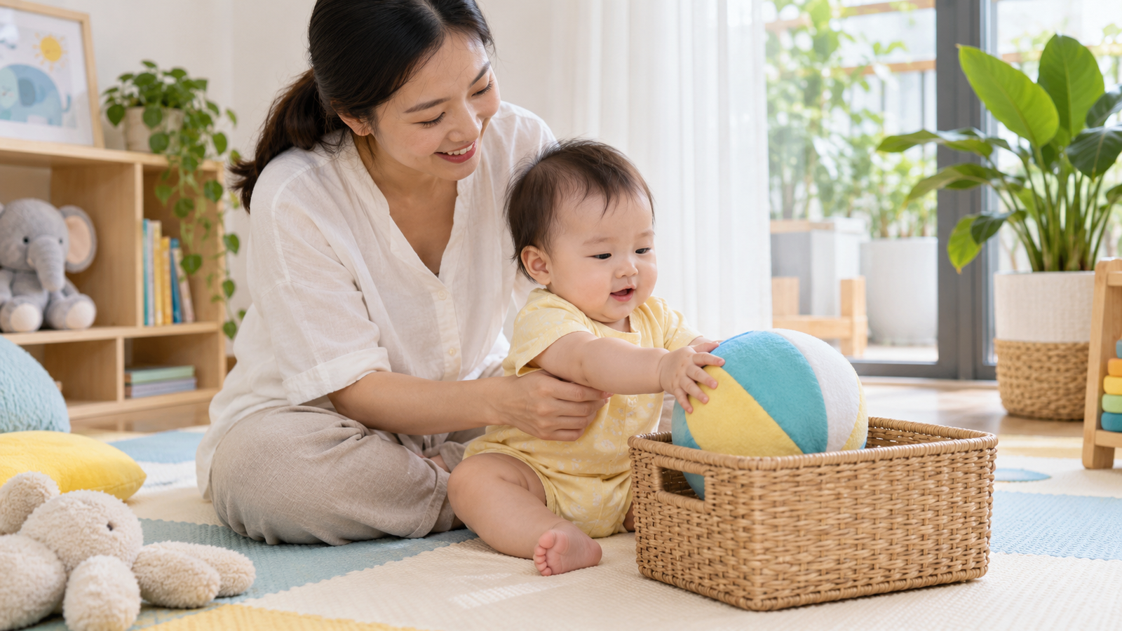 Mẹ hỗ trợ bé cất bóng mềm vào giỏ sau phiên chơi bò theo bóng