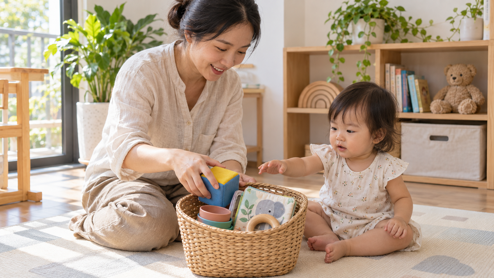 Mẹ chuẩn bị rổ đồ chơi tự chọn với vài món lớn, mềm và dễ cầm cho bé 1-2 tuổi