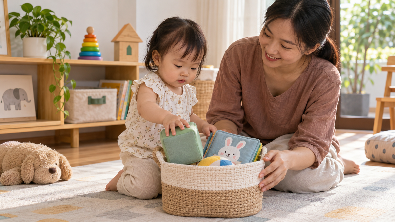 Bé 1-2 tuổi cất khối mềm và sách vải vào rổ sau khi chơi tự chọn