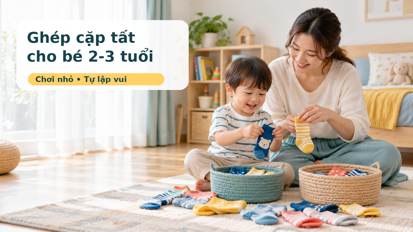 Mẹ và bé 2-3 tuổi ghép các đôi tất màu sắc trên thảm sạch