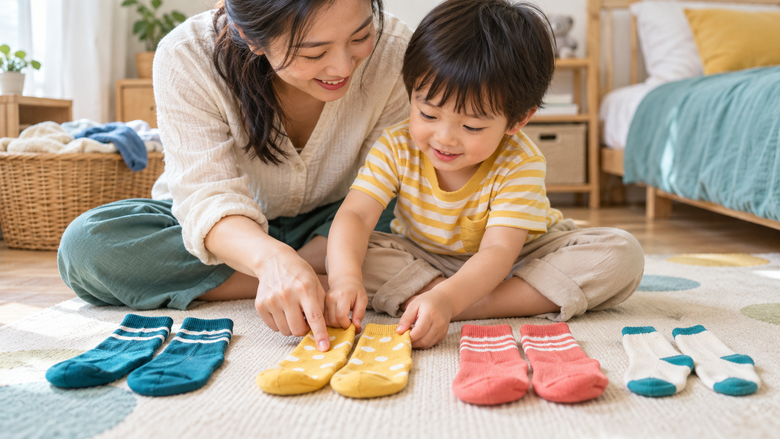 Mẹ cùng bé 2-3 tuổi tìm hai chiếc tất giống nhau và đặt cạnh nhau