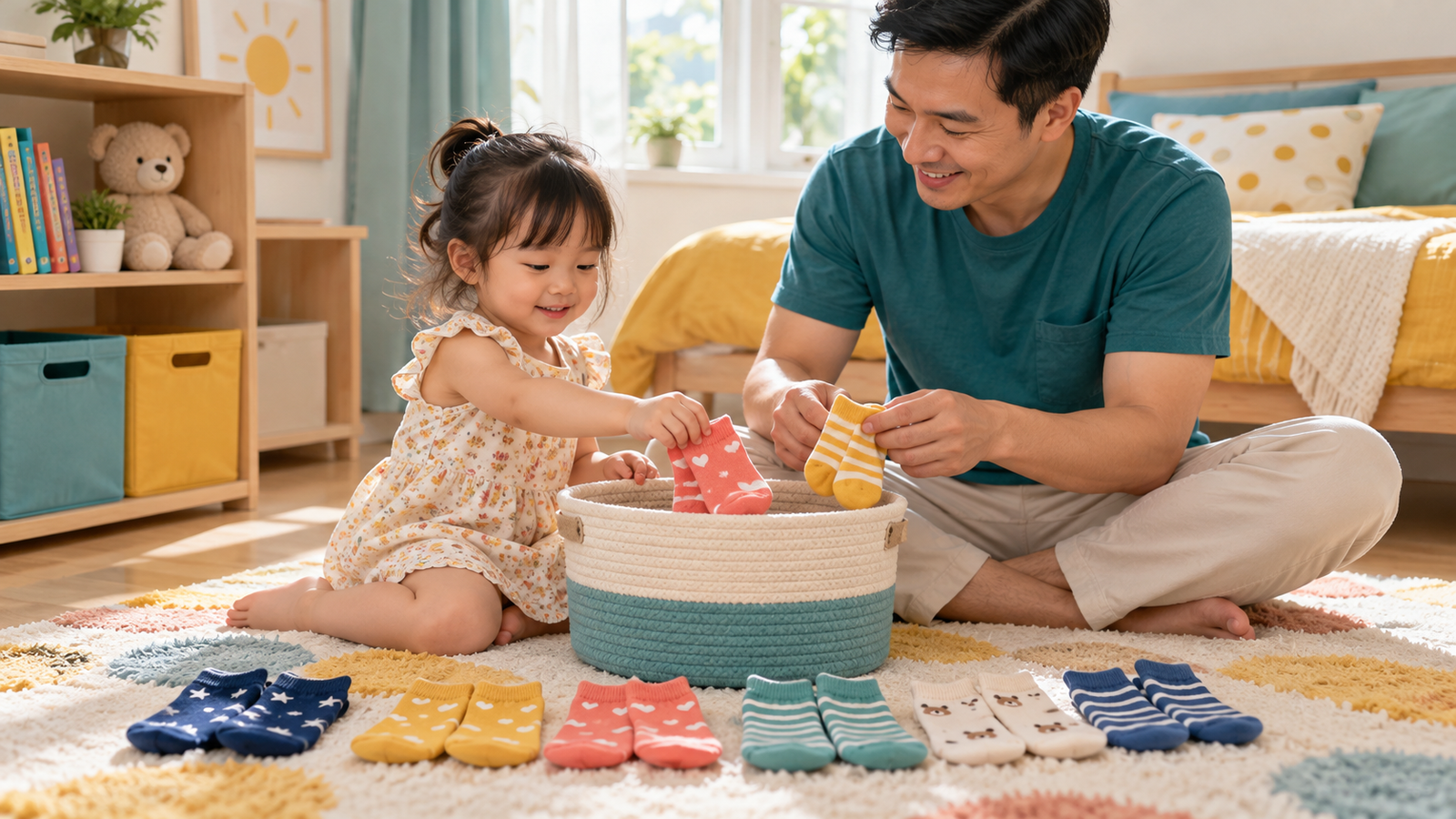 Bố cùng bé cất các đôi tất đã ghép vào giỏ thấp sau khi chơi