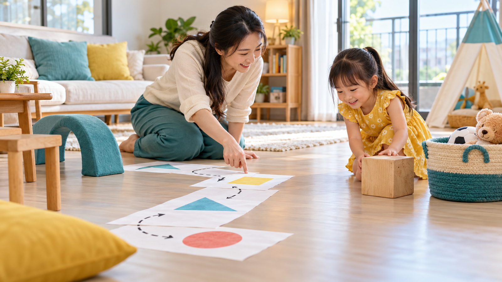 Mẹ cùng bé 4-6 tuổi đặt các thẻ hình lớn thành đường đi kho báu trong phòng khách