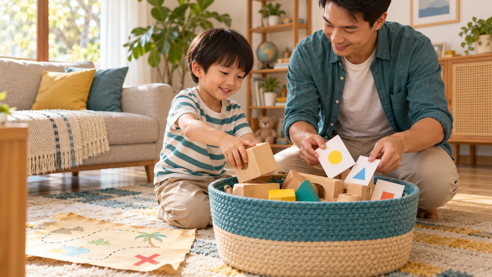 Bố cùng bé cất khối gỗ và thẻ gợi ý vào giỏ sau trò bản đồ kho báu