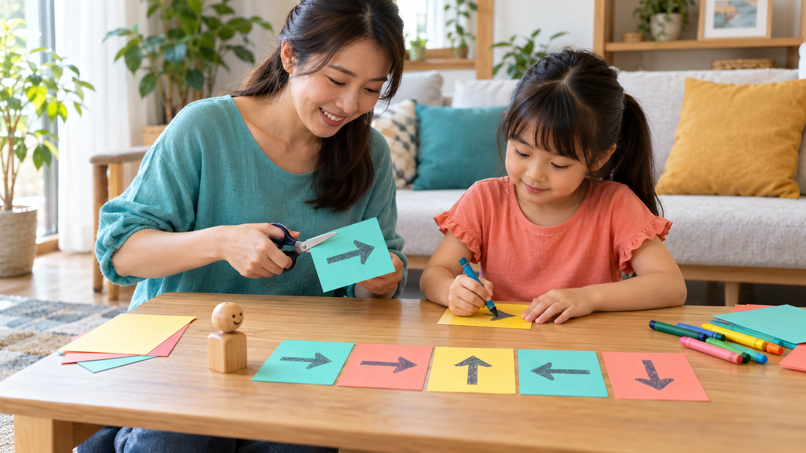 Mẹ cùng bé 7 tuổi làm các thẻ mũi tên lớn cho trò lập trình không màn hình