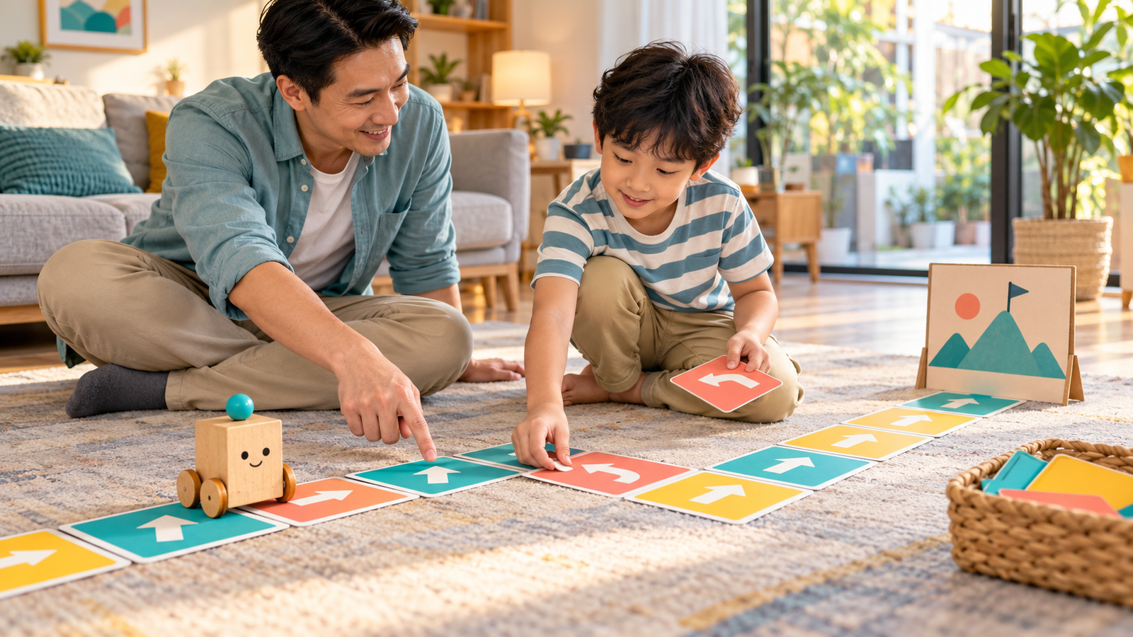 Bố cùng bé thử đường đi, tìm lệnh sai và đổi thẻ mũi tên