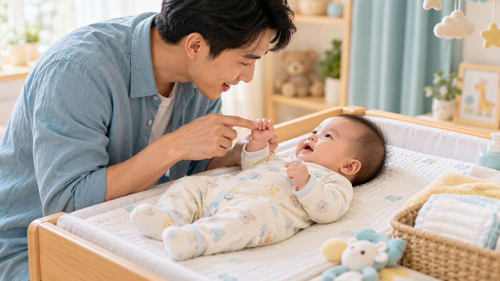 Bố trò chuyện và gọi tên bàn tay của bé 0-6 tháng trong lúc thay tã an toàn