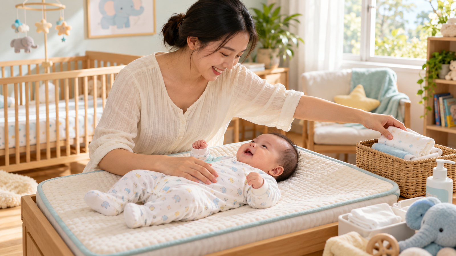 Mẹ giữ một tay gần bé và cất khăn vào giỏ khi kết thúc routine thay tã