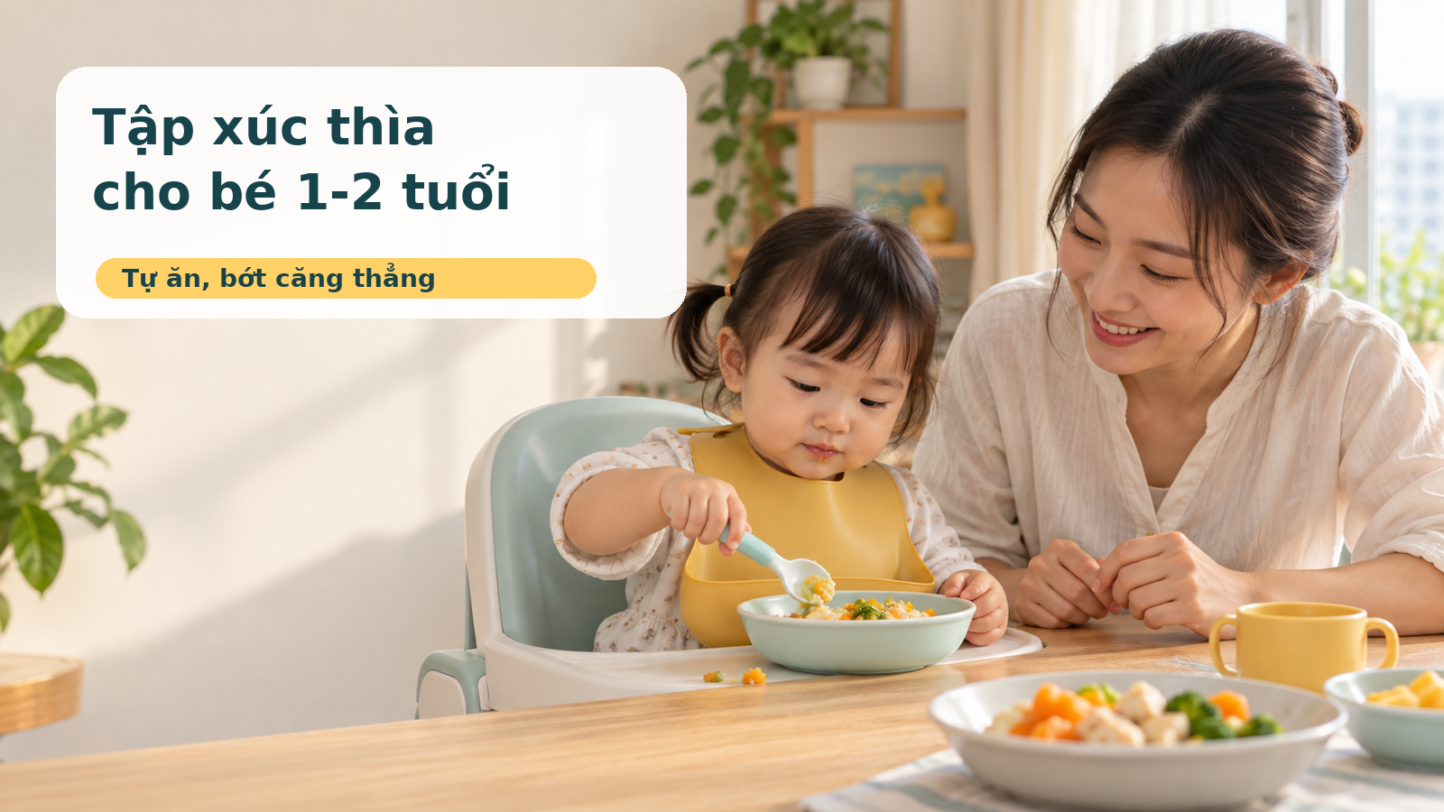 Tập xúc thìa cho bé 1-2 tuổi: để con tự ăn mà bữa cơm bớt căng thẳng