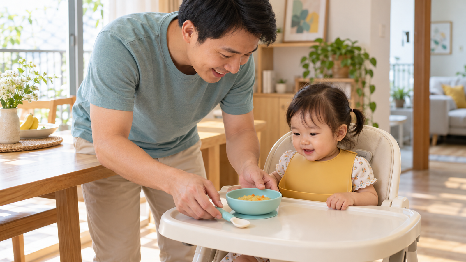 Bố chuẩn bị bát nông và thìa cán ngắn để bé 1-2 tuổi tập tự xúc