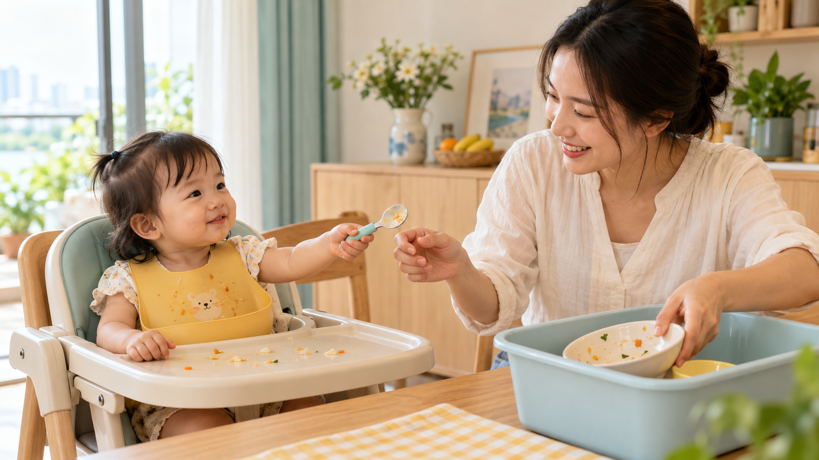 Mẹ cùng bé cất bát và thìa sau khi tập tự xúc trong bữa ăn