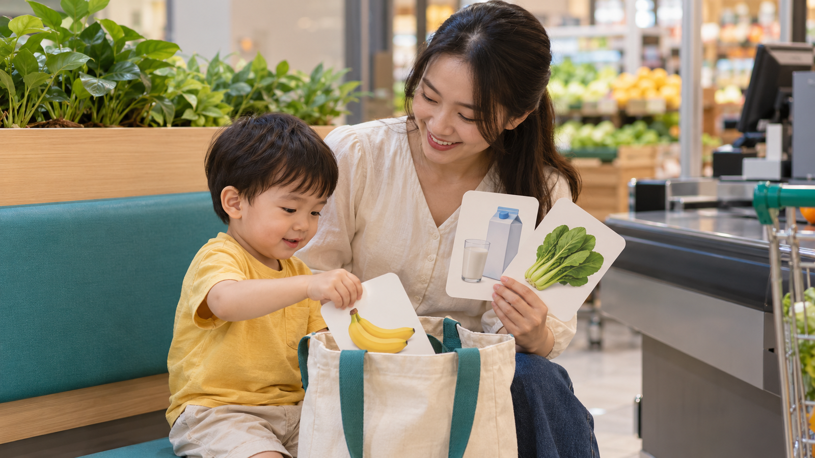 Mẹ cùng bé cất ba thẻ hình vào túi sau trò tìm đồ vật ở siêu thị