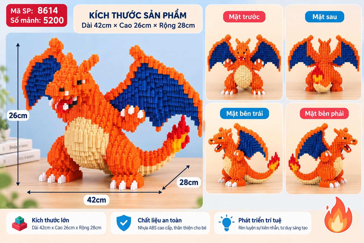 Mô hình đồ chơi lắp ráp rồng lửa Charizard Pokemon nhân vật cỡ lớn Aquakids - Ảnh kích thước / thông tin sản phẩm