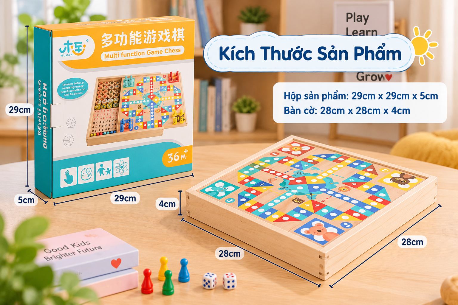 Bộ cờ đa năng 11 trong 1 gồm cờ tướng cờ vua cờ vây cờ cá nhảy bàn gỗ thông cho bé Aquakids - Ảnh kích thước / thông tin sản phẩm
