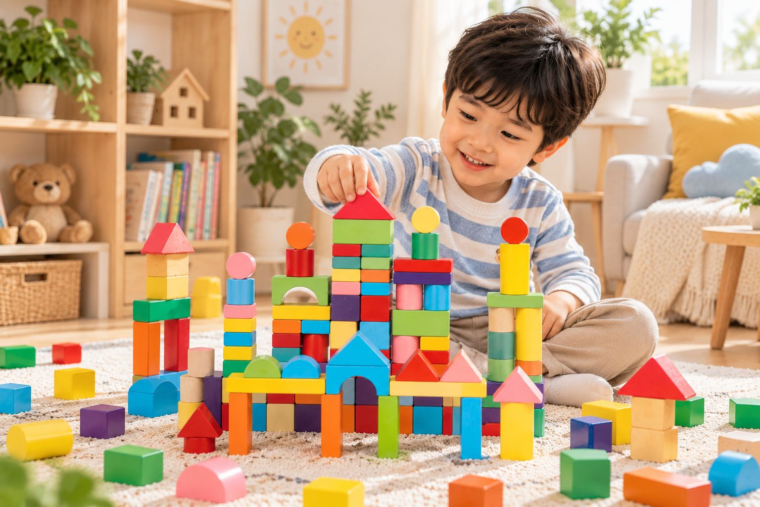 Đồ chơi xếp hình khối bằng gỗ bộ xếp hình xây dựng nhiều màu sắc 100 chi tiết cho bé Aquakids - Ảnh lifestyle / cách chơi