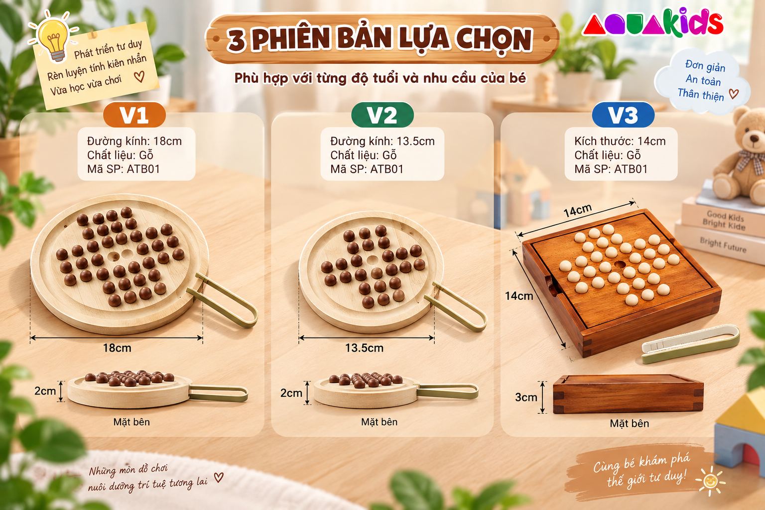 Bộ cờ gỗ thông minh cờ khổng minh rèn tư duy giáo dục sớm cho bé Aquakids - Ảnh kích thước / thông tin sản phẩm