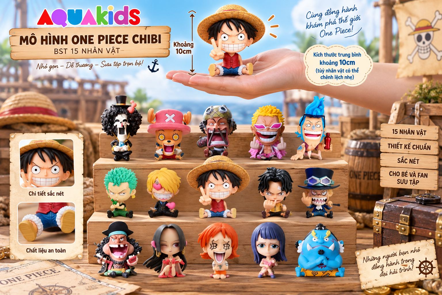 Mô hình 3D One Piece chibi Luffy Zoro Sanji Ace Sabo Nami Robin Choper Usopp Brook Franky Jinbei Boa Hancok Doflamingo  - Ảnh kích thước / thông tin sản phẩm