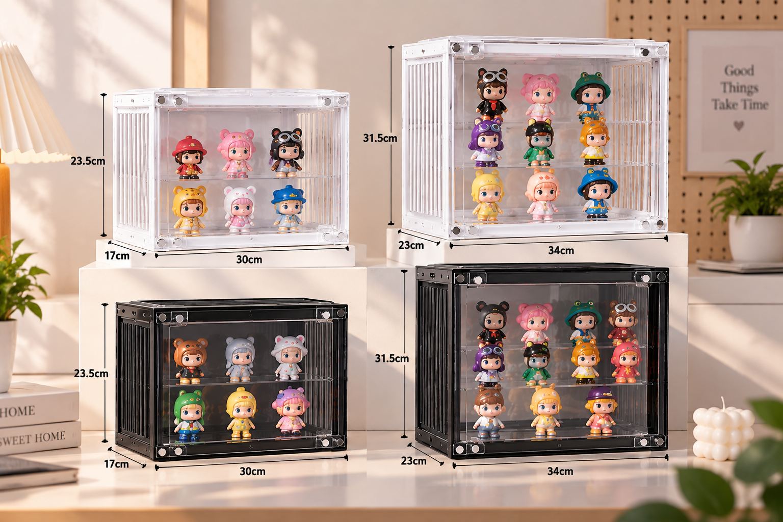 Hộp đựng trưng bày mô hình búp bê figure bằng Acrylic trong suốt kích thước 30x17x23.5 và 34x23x31.5 Aquakids - Ảnh kích thước / thông tin sản phẩm
