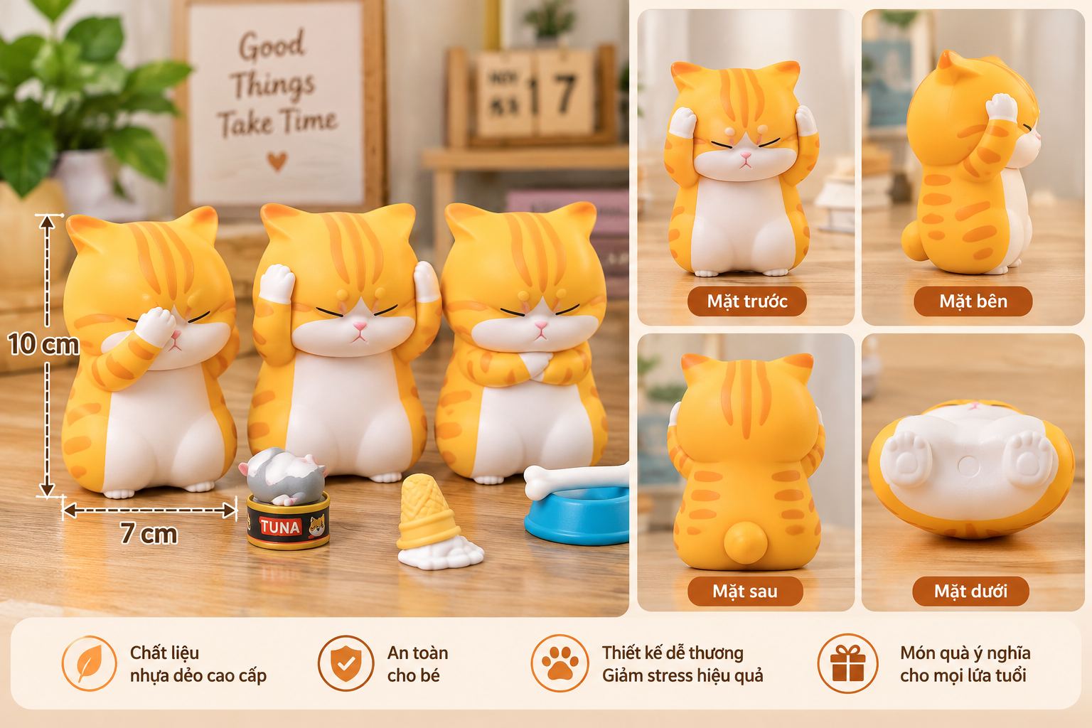 Đồ chơi Squishy Mèo Bất Lực bóp xả stress siêu mềm cute đáng yêu Aquakids - Ảnh kích thước / thông tin sản phẩm