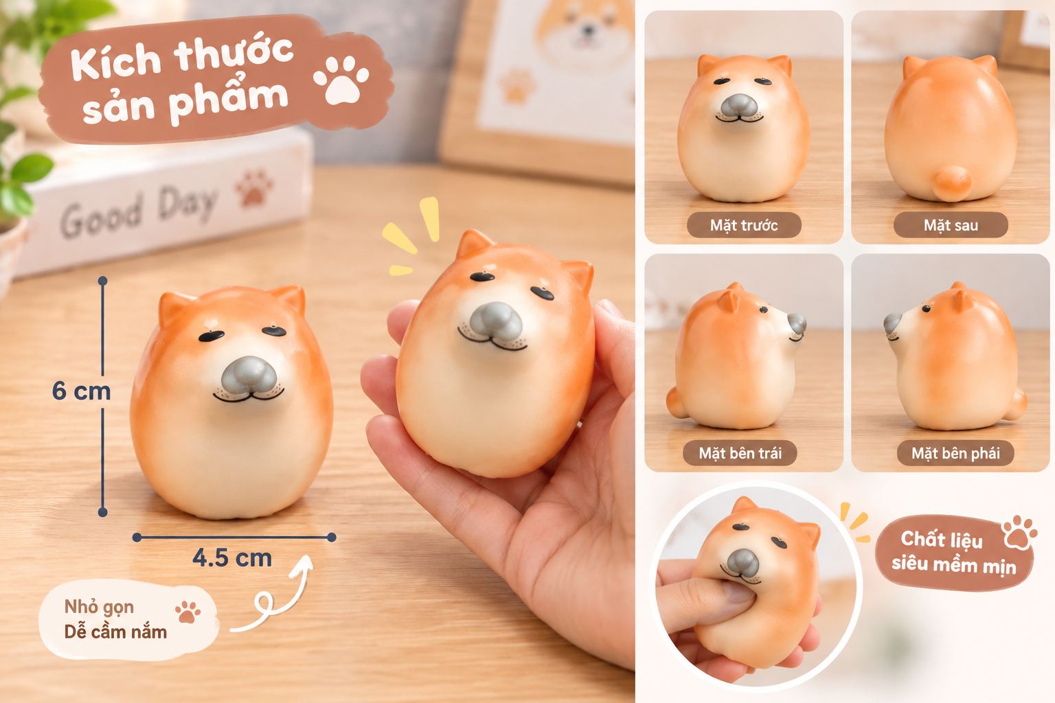 Đồ chơi Squishy Mochi bóp xả stress siêu mềm cute vô tri giải trí nhân vật Chó Shiba Inu Aquakids - Ảnh kích thước / thông tin sản phẩm