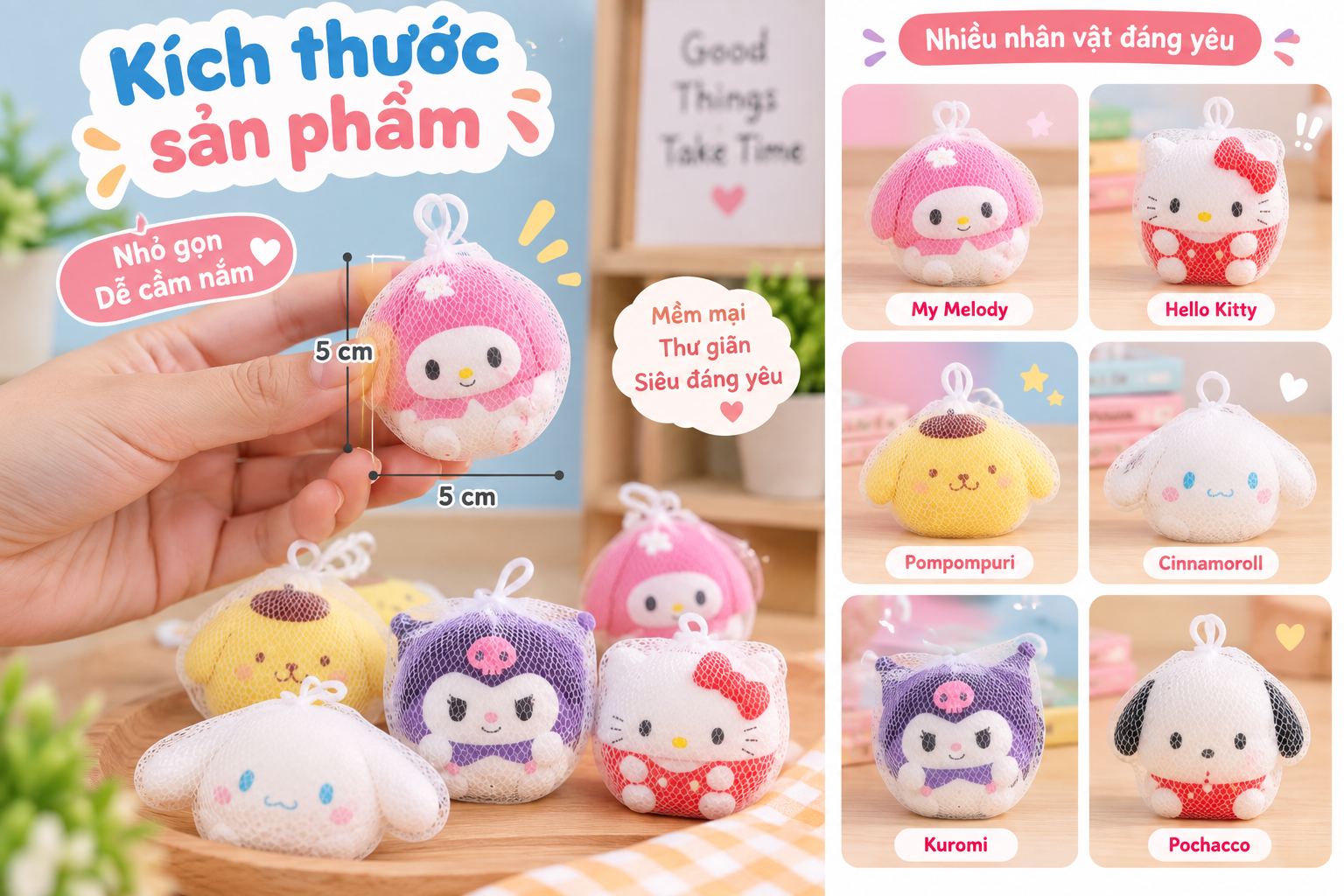 Đồ chơi Squishy Mochi bóp xả stress siêu mềm cute vô tri giải trí nhân vật Kuromi Melody Cinamoroll Aquakids - Ảnh kích thước / thông tin sản phẩm