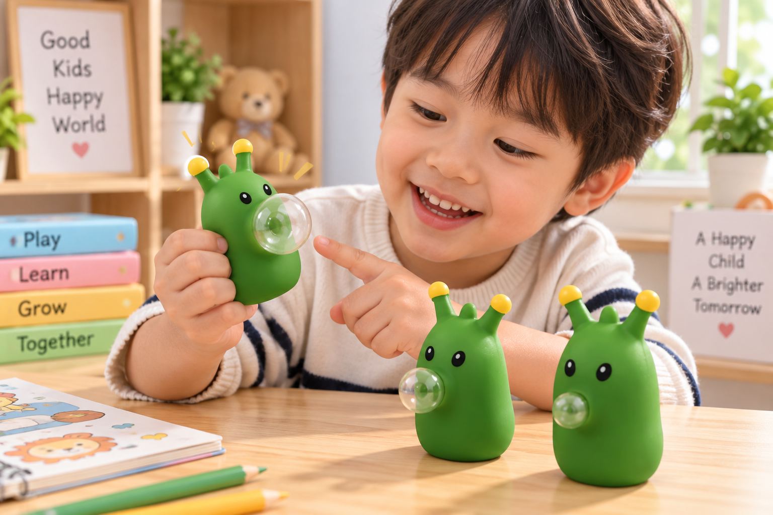 Đồ chơi Squishy Sâu bướm xanh bong bóng bóp xả stress siêu mềm cute đáng yêu Aquakids - Ảnh lifestyle / cách chơi