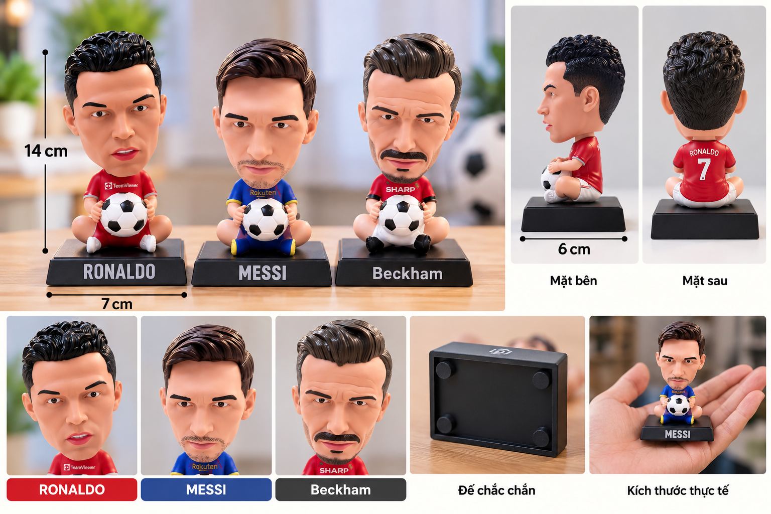 Mô hình cầu thủ đá bóng Messi Ronaldo David Beckham nhân vật hoạt hình lắc đầu decor bàn học xe ô tô giá rẻ Aquakids - Ảnh kích thước / thông tin sản phẩm