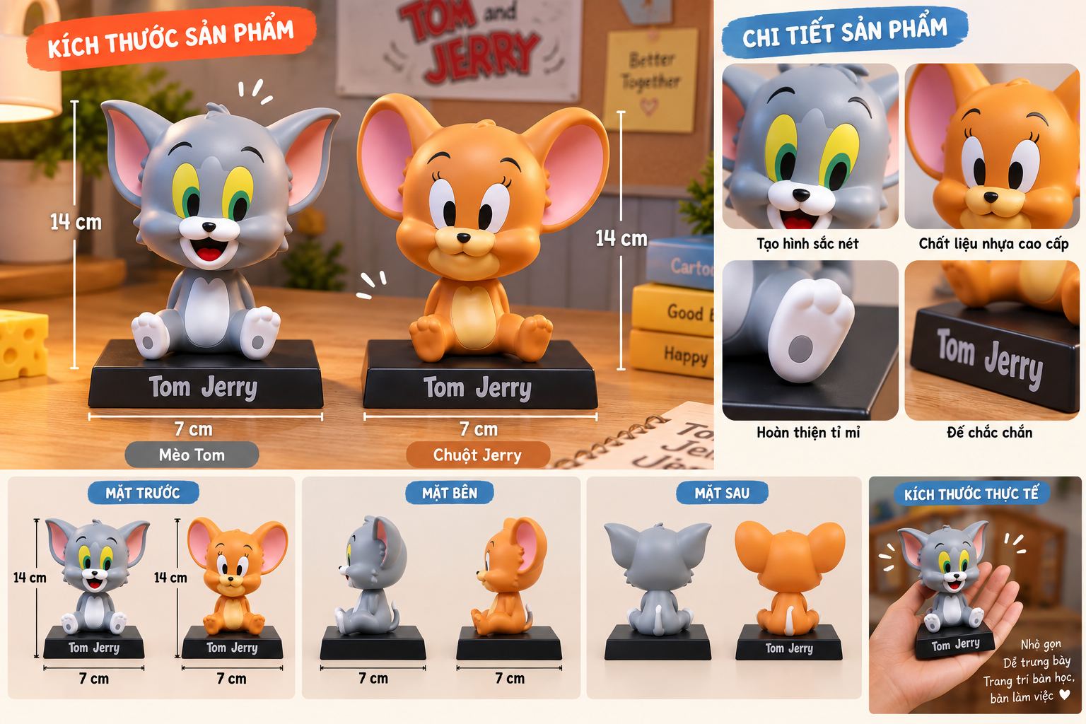 Mô hình Tom and Jerry nhân vật hoạt hình lắc đầu decor bàn học xe ô tô giá rẻ Aquakids - Ảnh kích thước / thông tin sản phẩm