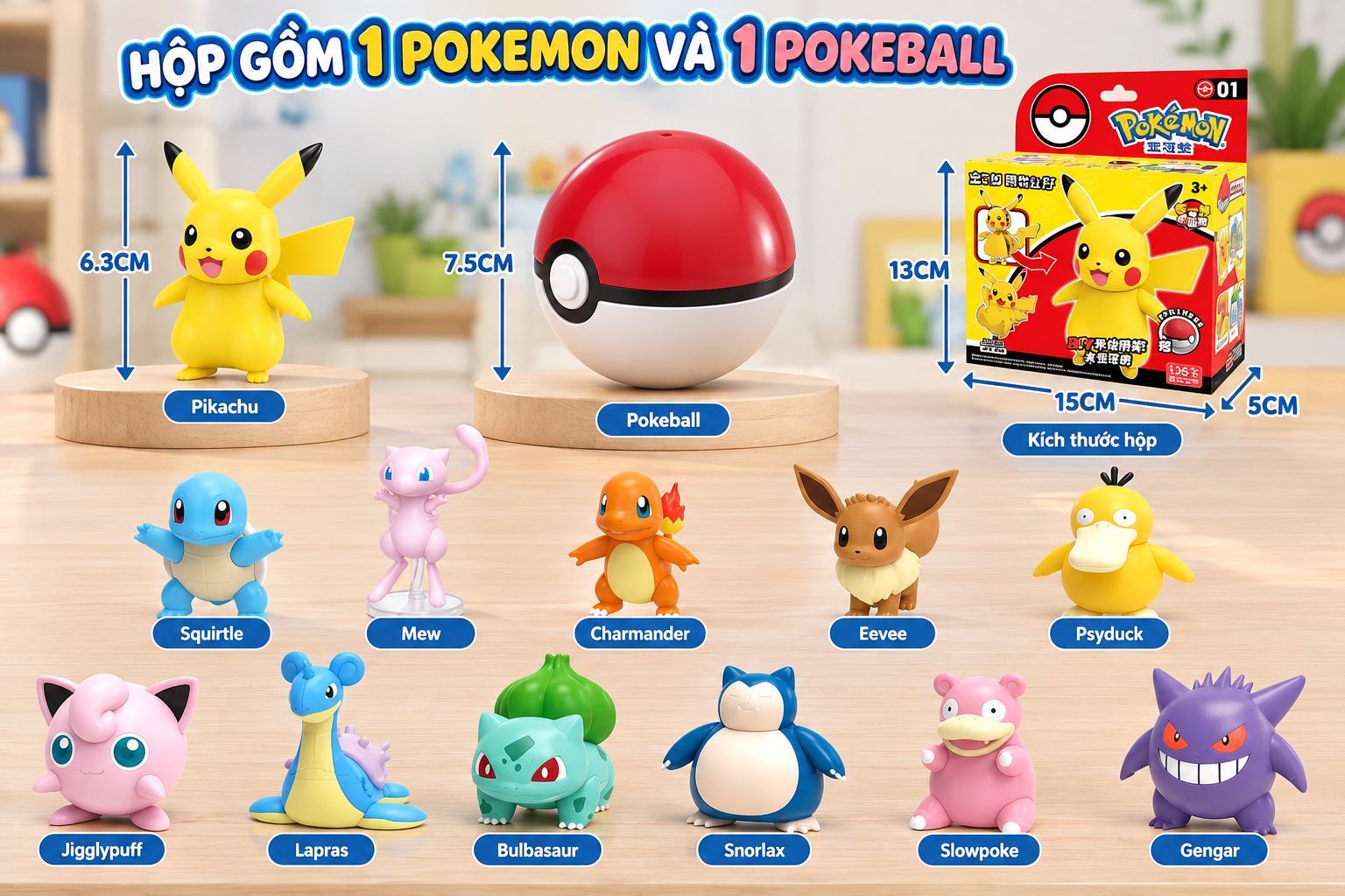 Mô hình pikachu charizard Pokemon lắp ráp dạng kit dễ thương decor bàn học bàn làm việc Aquakids - Ảnh kích thước / thông tin sản phẩm