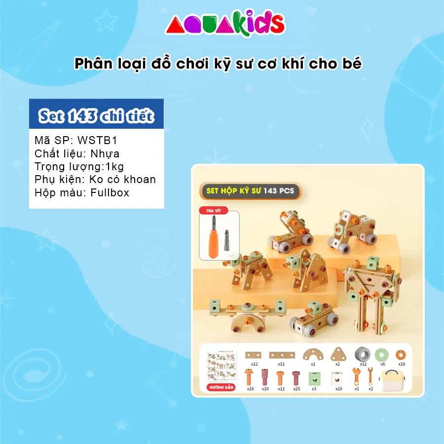 Bộ dụng cụ đồ chơi lắp ghép kỹ sư bằng gỗ cho bé DIY cao cấp 143 và 158 chi tiết AquaKids