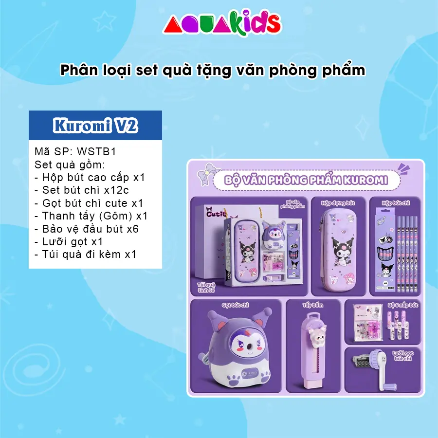 Set văn phòng phẩm hoạt hình nhân vật my Melody Kuromi Capybara cho bé tiểu học AquaKids