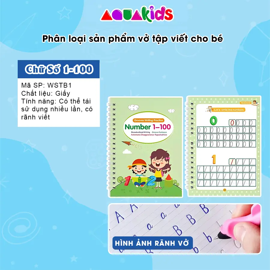 Vở luyện viết chữ đẹp và số theo chủ đề lớp 1 và tiểu học cho bé rèn viết có rãnh tập viết AquaKids