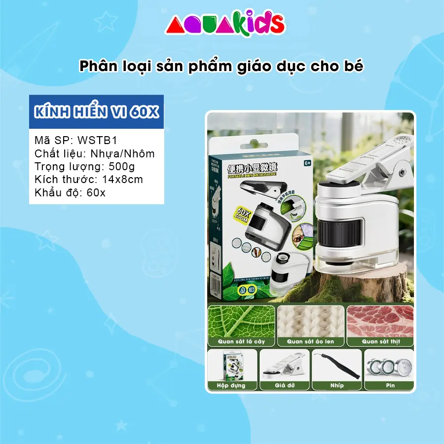 Kính hiển vi bỏ túi cho bé - Kính hiển vi mini phóng đại 160X có đèn LED đồ chơi giáo dục khoa học STEM AquaKids