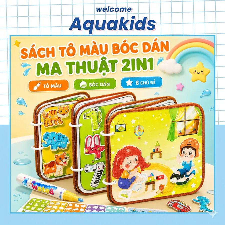 Sách tô màu nước ma thuật cho bé kèm bóc dán 2 Trong 1 đồ chơi giáo dục tư duy baby busy AquaKids