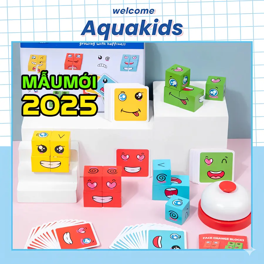 Đồ chơi Rubik cảm xúc thay đổi khuôn mặt hình lập phương bằng gỗ thông minh nhanh tay nhanh mắt Aquakids