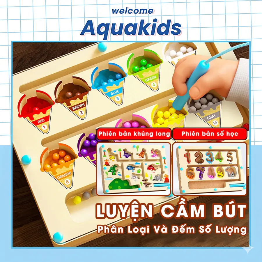 Bảng mê cung từ tính Montessori bằng gỗ nam châm giúp bé phân biệt màu sắc và số đếm kích thích tư duy logic hiệu quả Aquakids