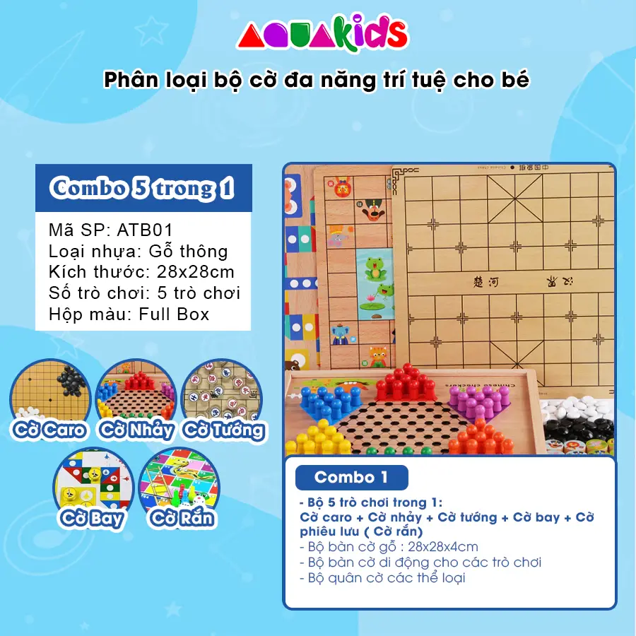 Bộ cờ đa năng 11 trong 1 gồm cờ tướng cờ vua cờ vây cờ cá nhảy bàn gỗ thông cho bé Aquakids