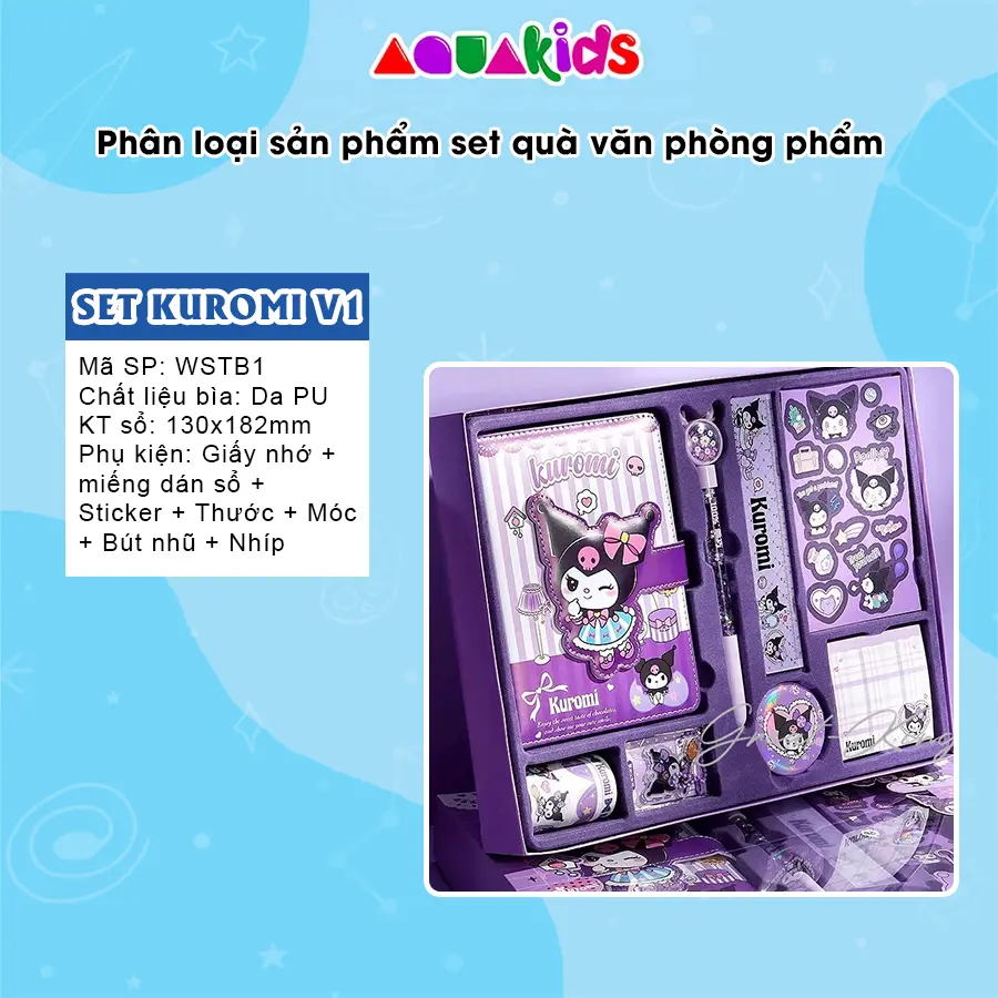 Set văn phòng phẩm hoạt hình nhân vật my Melody Kuromi cho bé tiểu học aquaKids