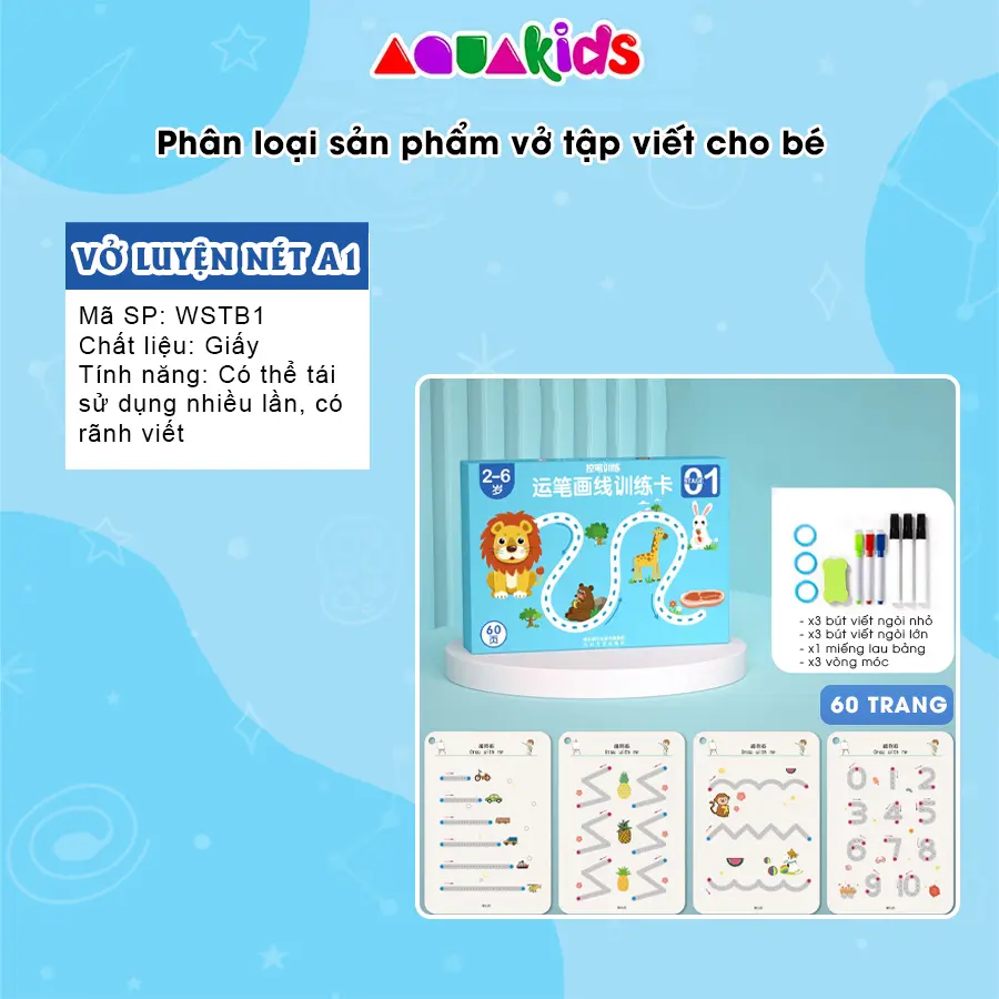 Combo Tập Tô Vẽ Thông Minh Xóa Được 64 Trang Học Liệu Montessori Tặng 6 Bút cho bé tiểu học 2 3 4 5 tuổi AquaKids