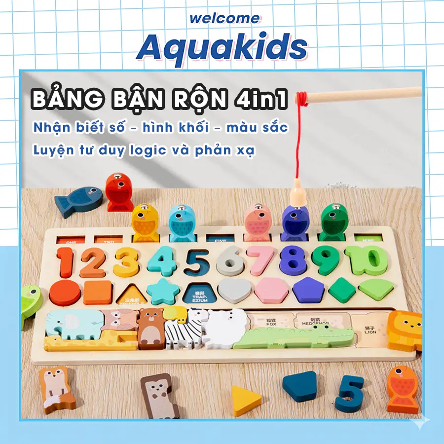 Đồ chơi bảng bận rộn dã ngoại gỗ thông minh 4in1 bé học chữ số, hình khối, màu sắc kèm câu cá Aquakids