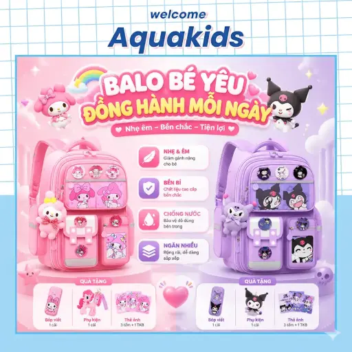 [Tặng hộp bút + phụ kiện] Ba lô chống gù đi học cho bé lớp 1- lớp 6 chống gù đệm vai hình nhân vật dễ thương AquaKids