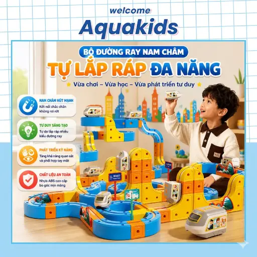 Đồ chơi xếp hình đường ray xe lửa tàu hỏa 3D nam châm hút từ tính lắp ráp giáo dục tư duy cho bé AquaKids