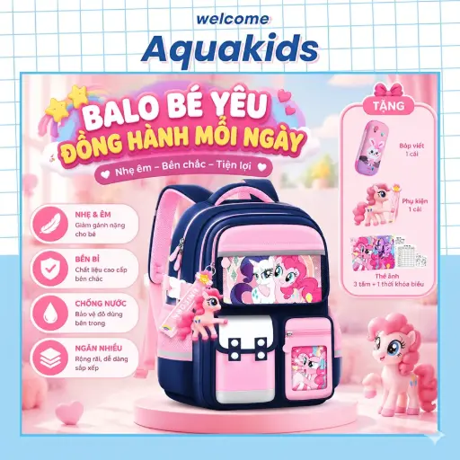 Balo tiểu học lớp 1-6 thiết kế hiện đại phom cứng chống gù chống nước kì lân đáng yêu cho bé gái AquaKids